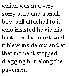 Text Box: which was in a very sorry state and a small boy still attached to it who insisted he did his best to hold onto it until it blew inside out and at that moment stopped dragging him along the pavement!